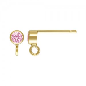 3mm Pink 3A CZ Bezel Post Earring w/Ring GP - 20개
