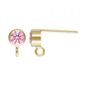4mm Pink 3A CZ Bezel Post Earring w/Ring GP - 20개