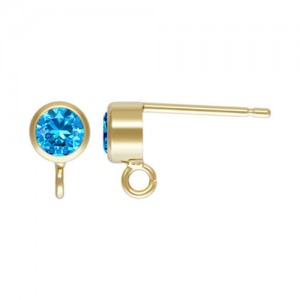 4mm Aqua Blue 3A CZ Bezel Post Ear w/Ring GP - 20개